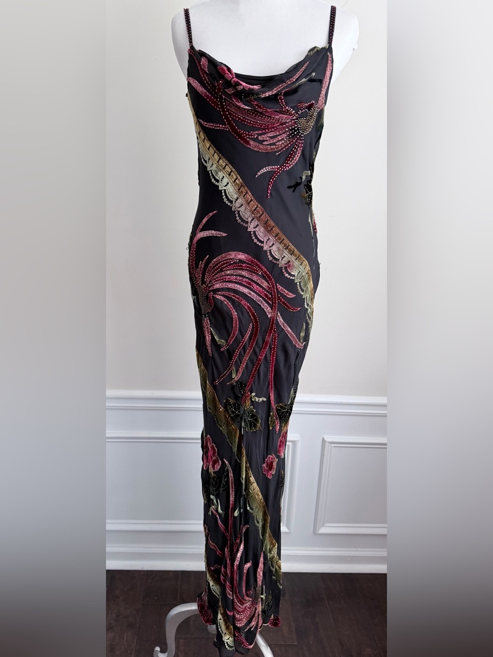 Sue Wong Vintage Y2K Silk Beaded Dress burnout velvet asymmetric cowl neck